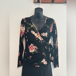 Bobeau Black Floral Wrap Top